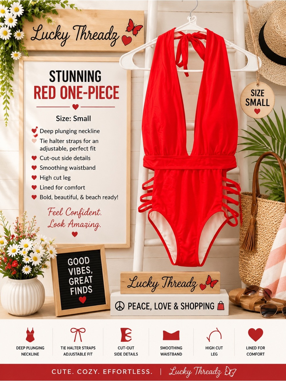 Sexy  Red One-Piece Swimsuit - Small